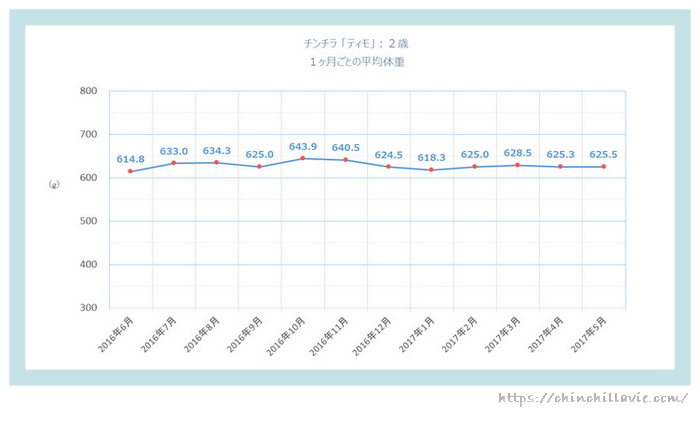 チンチラ「ティモ」の体重の変化のグラフ　２歳