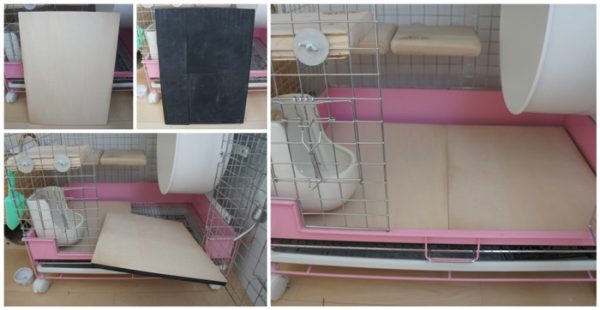 チンチラのティモのケージレイアウト　床には手作りの床敷きを敷いています。