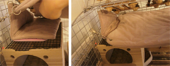 チンチラのティモのケージ内で、マルカン　リバーシブルヒーターMサイズを置いた場所