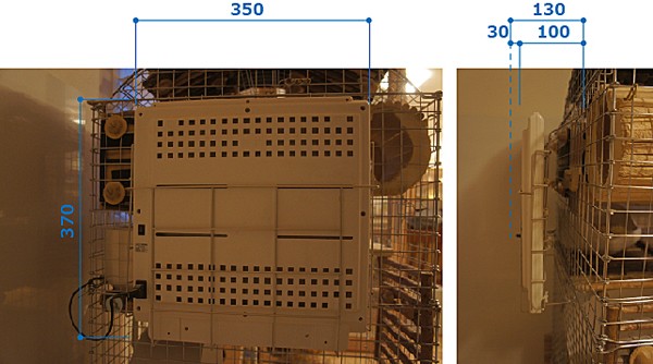 チンチラのティモのケージ コンフォート60ハイルーフタイプのケージにタワーとアーチルーフを重ねたもの みずよし貿易の遠赤外線マイカヒーターⅡをケージ壁面に取り付けた写真 サイズを測る