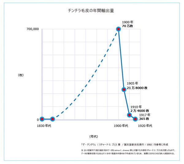 チンチラ乱獲の歴史　チンチラ毛皮の年間輸出量を示すグラフイメージ
