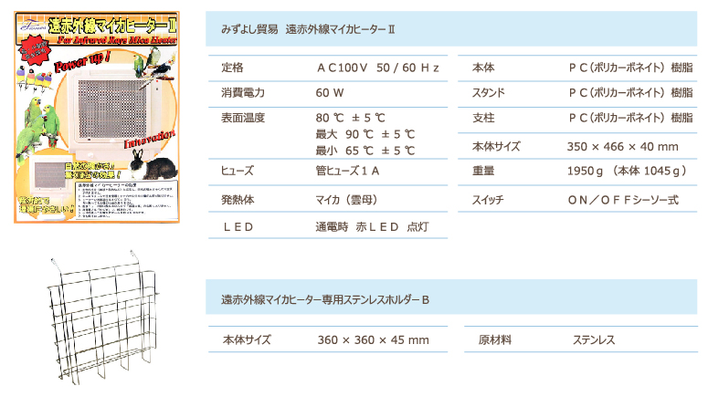 みずよし貿易 遠赤外線マイカヒーターⅡと専用ステンレスホルダーの商品仕様を表にしたもの