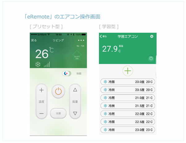 「eRemote」エアコン操作画面