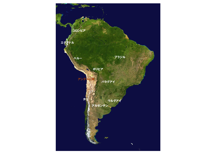 南アメリカ大陸の地図　アンデス山脈の位置
