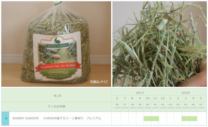 チンチラのティモ（３歳）に与えたチモシー１番刈りでリピ回数が第３位　４ヶ月間献立に加えたチモシー１番刈り　BUNNY GARDEN　CANADA産チモシー１番刈り　プレミアム